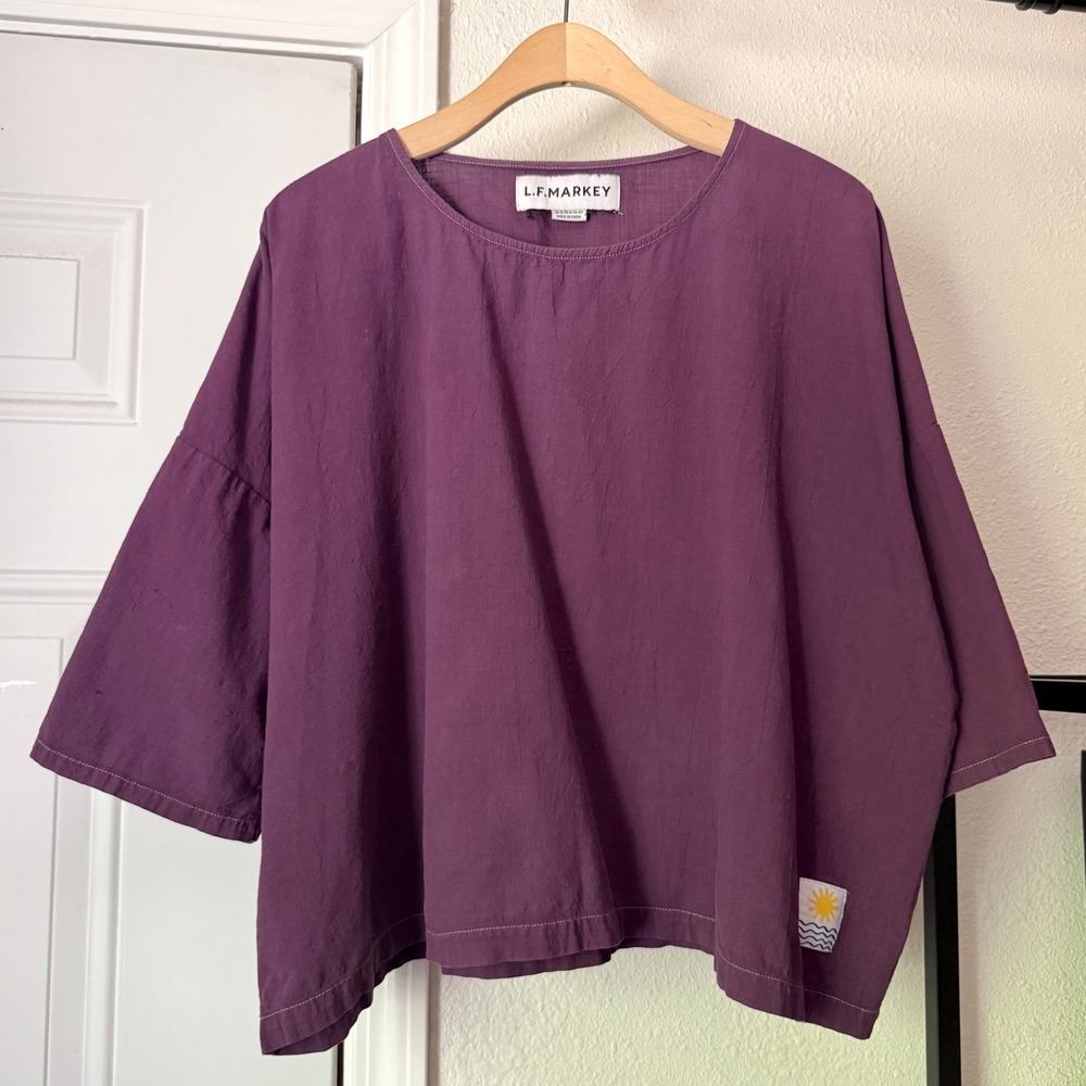 L.F. MARKEY plum purple boxy oversized linen short sleeve cropped shirt top